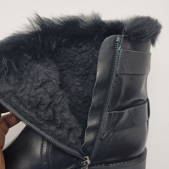 Charles David Reno Black Leather Faux Fur Buckle Side Zip Mid Ankle Boots Sz 38 - Picture 4 of 14